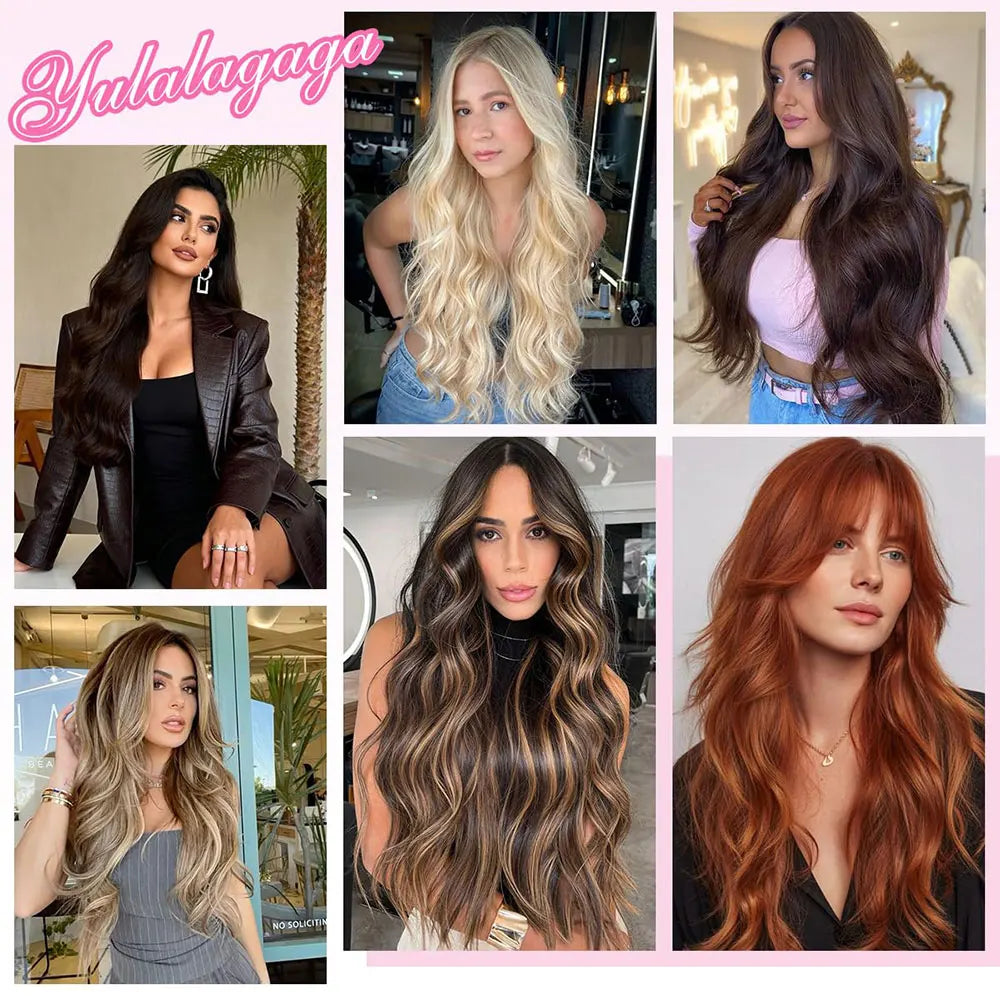 Copper Red Long Wavy Clip in Hair Extensions 20 Inch 4Pcs Double Weft Synthetic Hairpieces Full Head for Women Party Cosplay