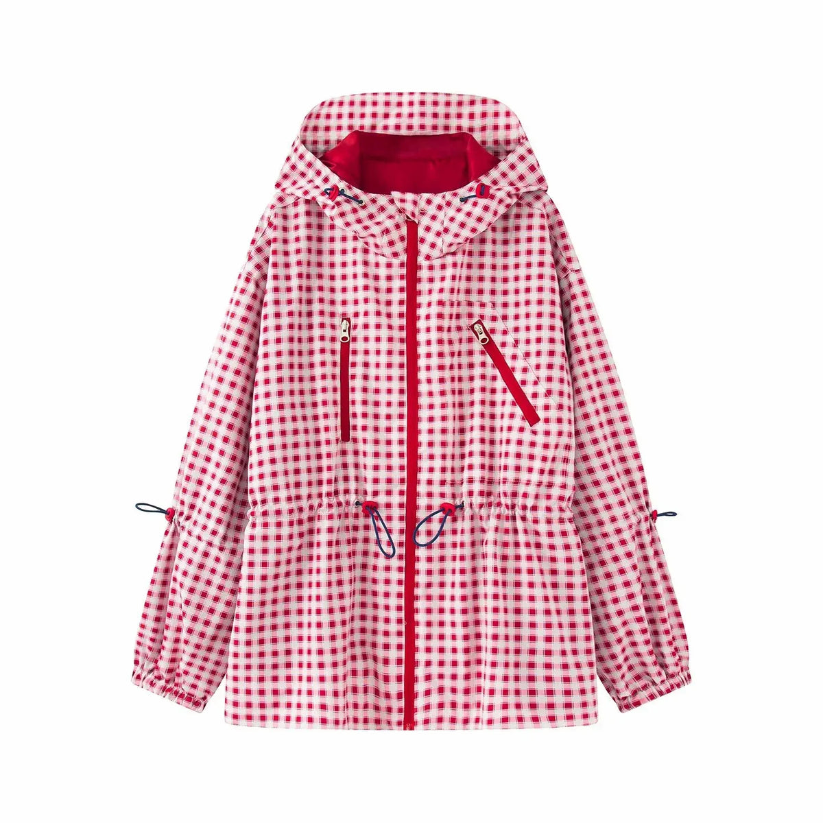 Women Plaid Hooded Drawstring Waist Cinching Jacket Women Loose Long Sleeve Zipper Jackets Fashion Female Street Outwear