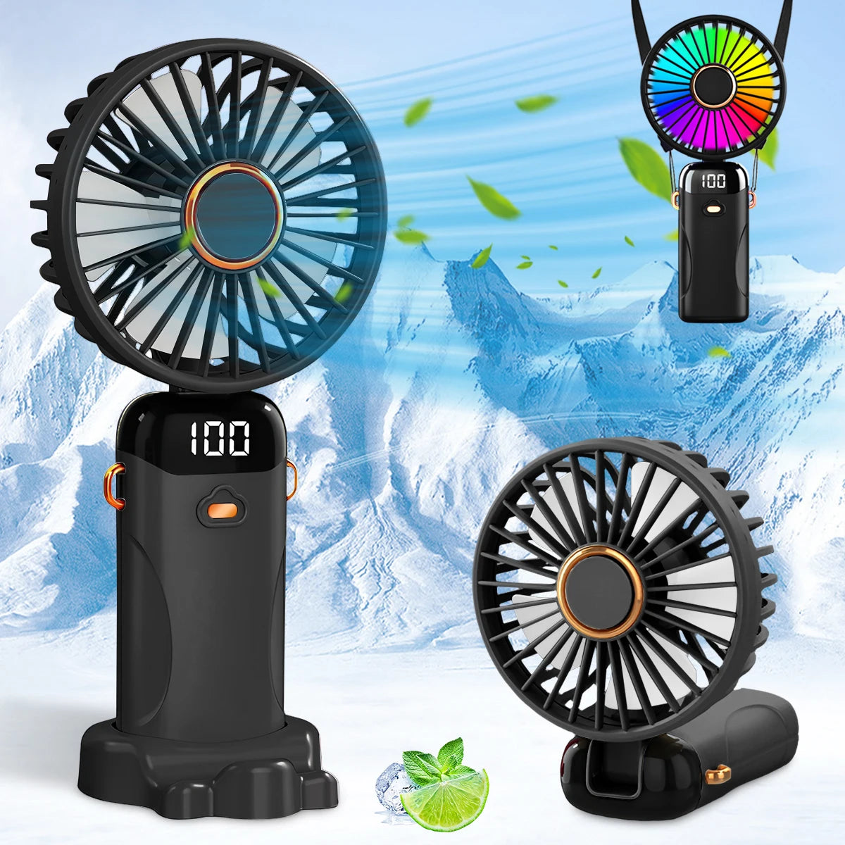 USB Rechargeable Handheld Fan 1200mAh 6 Speeds Foldable LED Light Blade Portable Mini Fan Personal Cooler for Home Gift