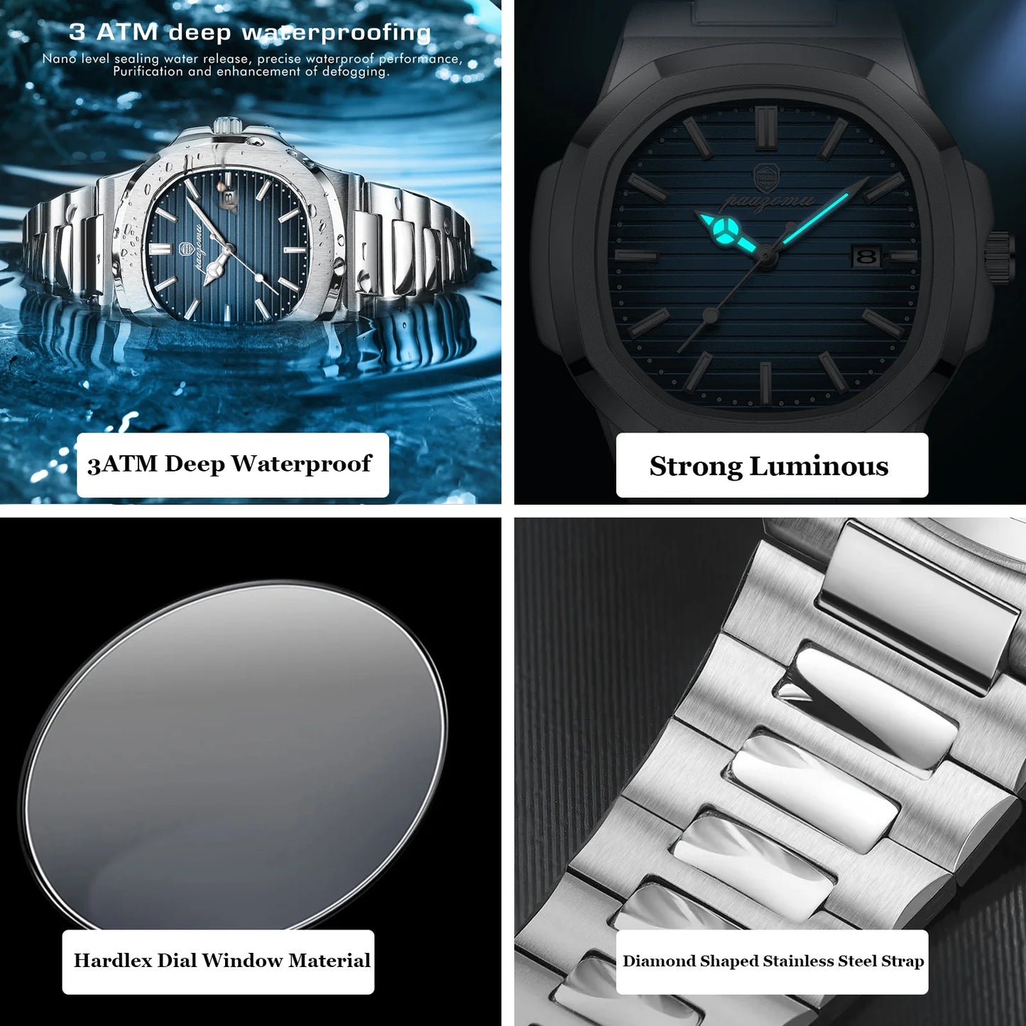 PAAZOMU Luxury Watch Business 50 ATM Waterproof Male Clock Luminous Date Stainless Steel Square Quartz Men Watches Reloj Hombre