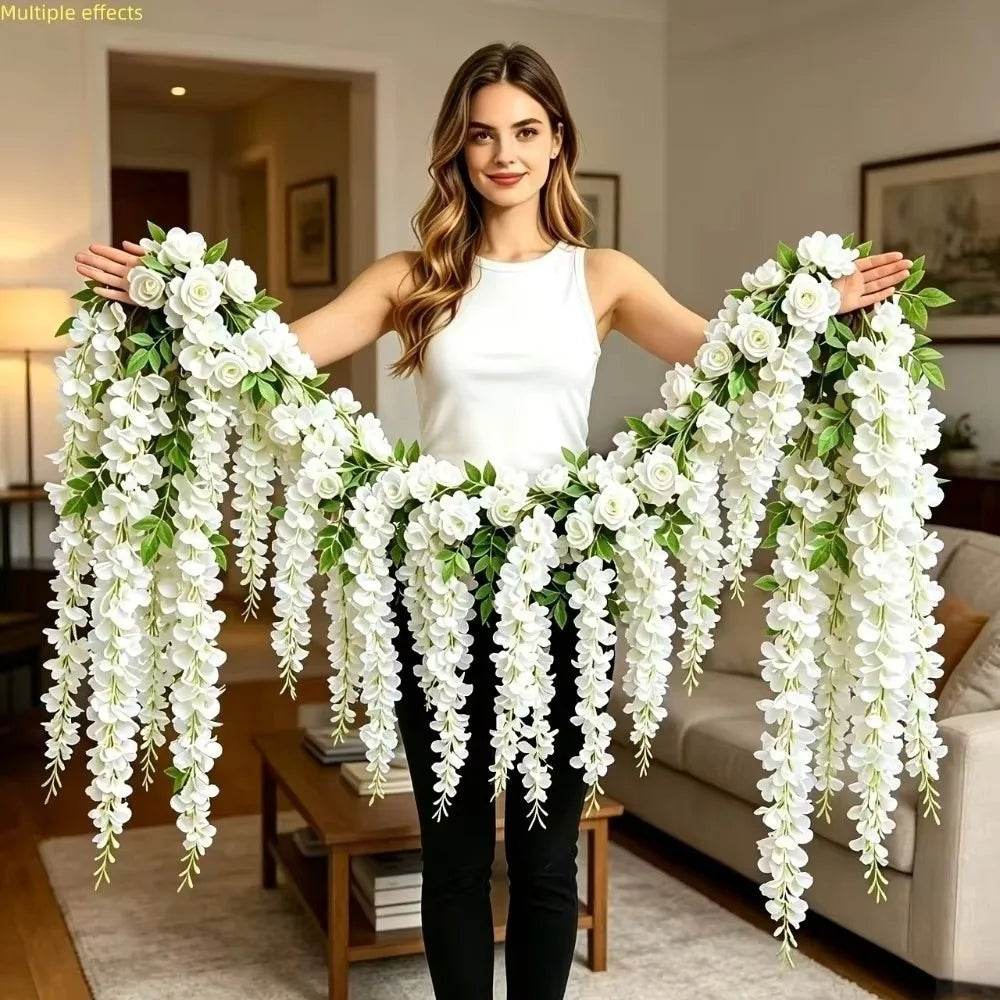 Greenery 250cm Artificial White Rose Vine 3D Bushy Hanging Rattan Flower Easy-to-hang Fake Plant Garden
