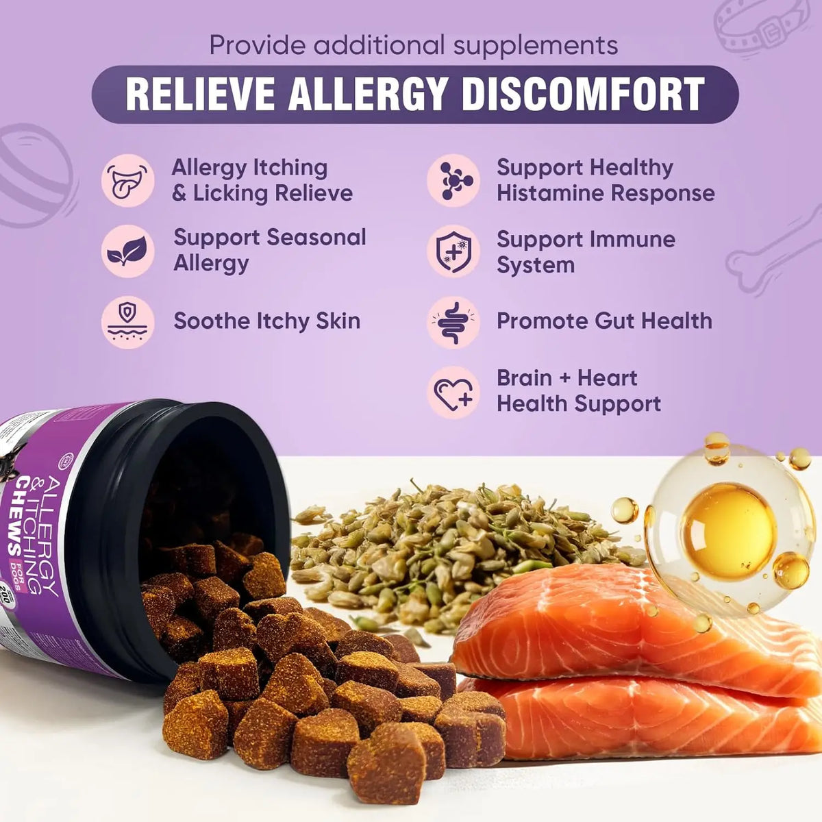 200ct Dog Allergy Chews Supplements Relief Itchy Chew Probiotics Vitamins for Skin Coat Anti Itch Immune for Dogs Paws Treatment
