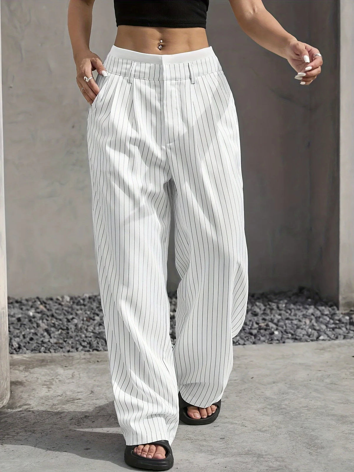 Women's Straight Leg Pinstripe Trousers High Waist Office Business Pants Casual Striped Dressy With Pockets