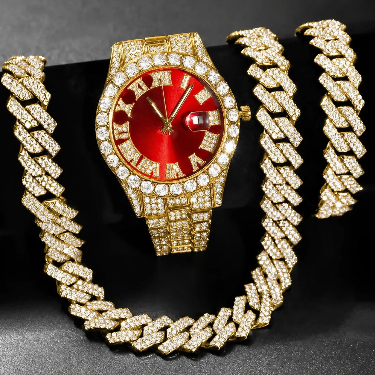 3PCS Hip Hop Iced Out Men's Watch Jewelry Set Luxury Rhinestone Quartz Wristwatch Cuban Link Chain Accessories for Women Gift