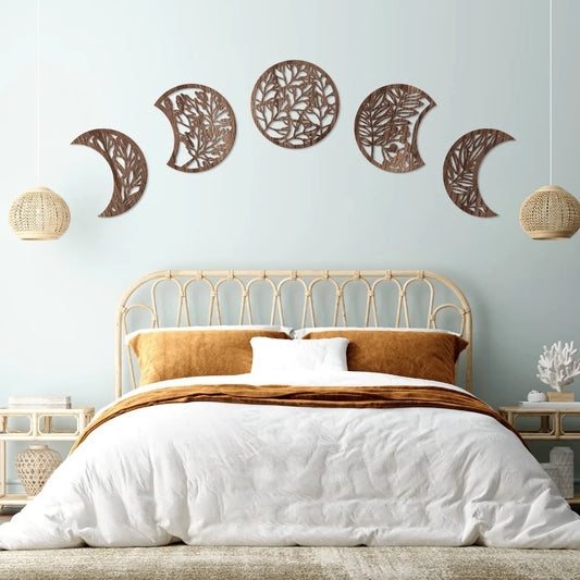 Wooden Moon Phase Wall Art Nordic Style Handmade Hanging Decor for Home Living Room Bedroom