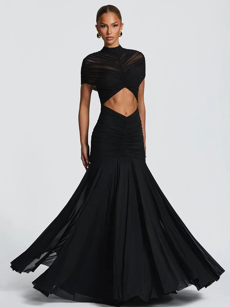 Rinabe Women Short Sleeve Maxi Dress Sexy Solid Color Mesh Ruched Bodycon Long Dress Hollow Out Pleated Turtleneck Evening Dress