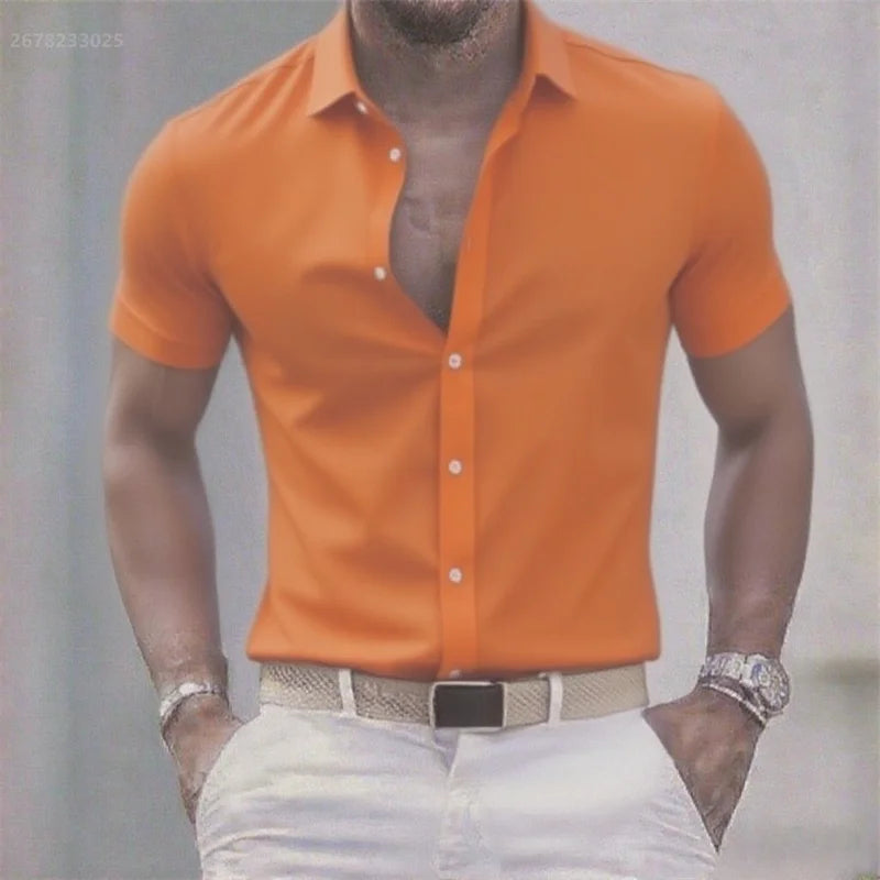 Solid color men's casual shirt, fashionable casual short sleeve stretch fabric, business formal shirt, comfortable fabric