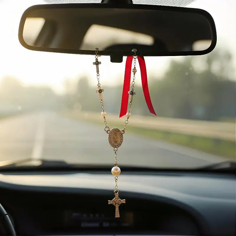 Car Pendant Rosary Ornament  Cross Steering Wheel Beads Decorative Faith Accessory for Auto Rearview Mirror