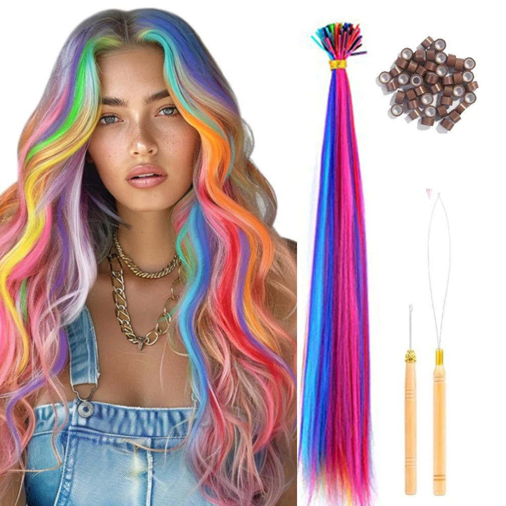 50 Pcs Hair Feathers with Hair Extension Tools,Long Straight Synthetic Hair Feather Extensions Kit with Beads for Women Girls