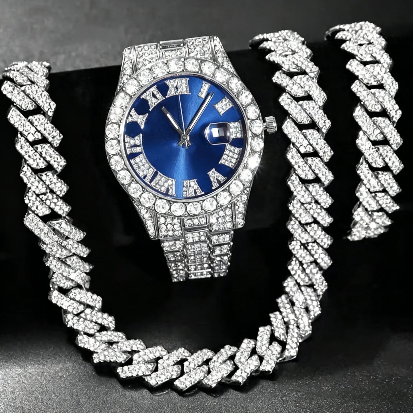 3PCS Hip Hop Iced Out Men's Watch Jewelry Set Luxury Rhinestone Quartz Wristwatch Cuban Link Chain Accessories for Women Gift