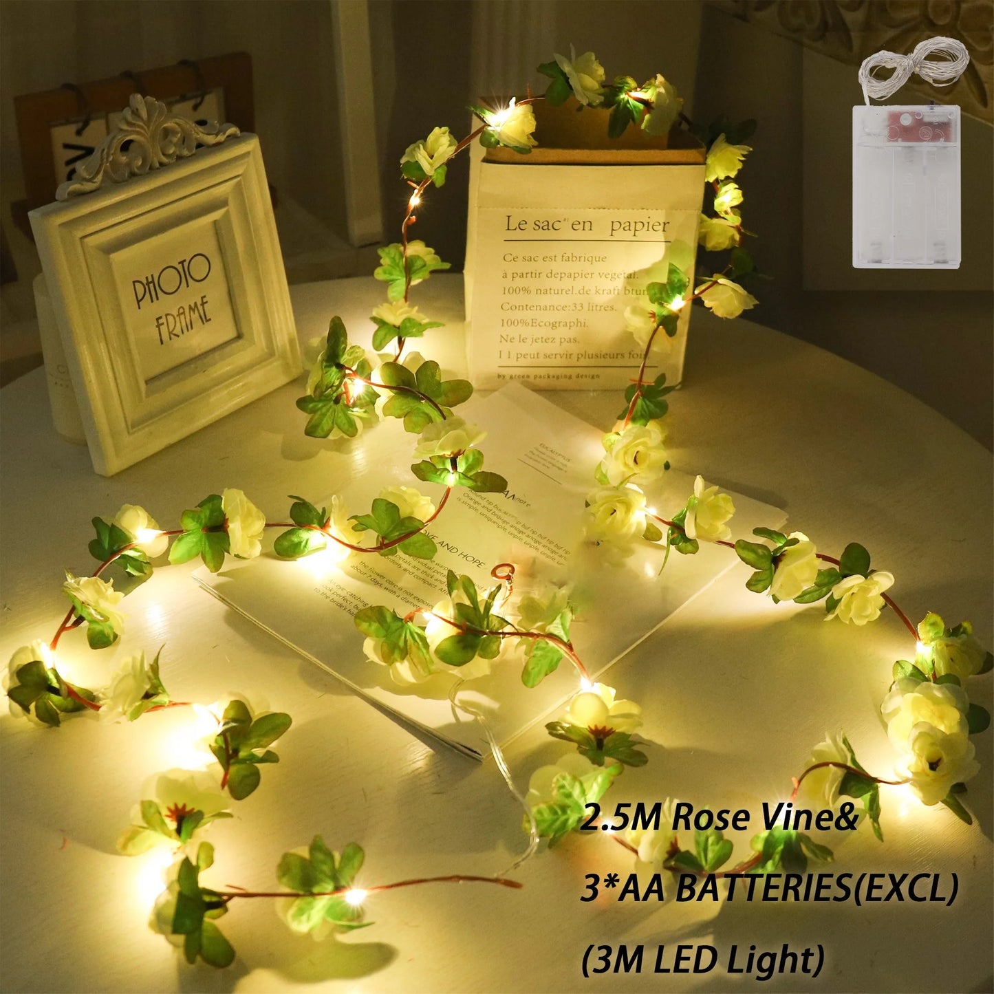 Rose LED Lights String Artificial Flowers Ivy Leaves Wedding Garland Home Room Decoration Arch Hanging Wall Garden Party Decor