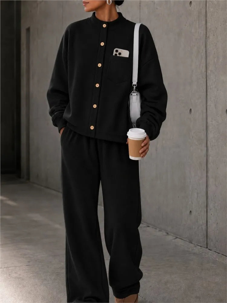 Autumn Women's Single-breasted Button-down Long-sleeved Cardigan Trousers 2-piece Set Casual Retro Wide-leg Trousers Female Suit