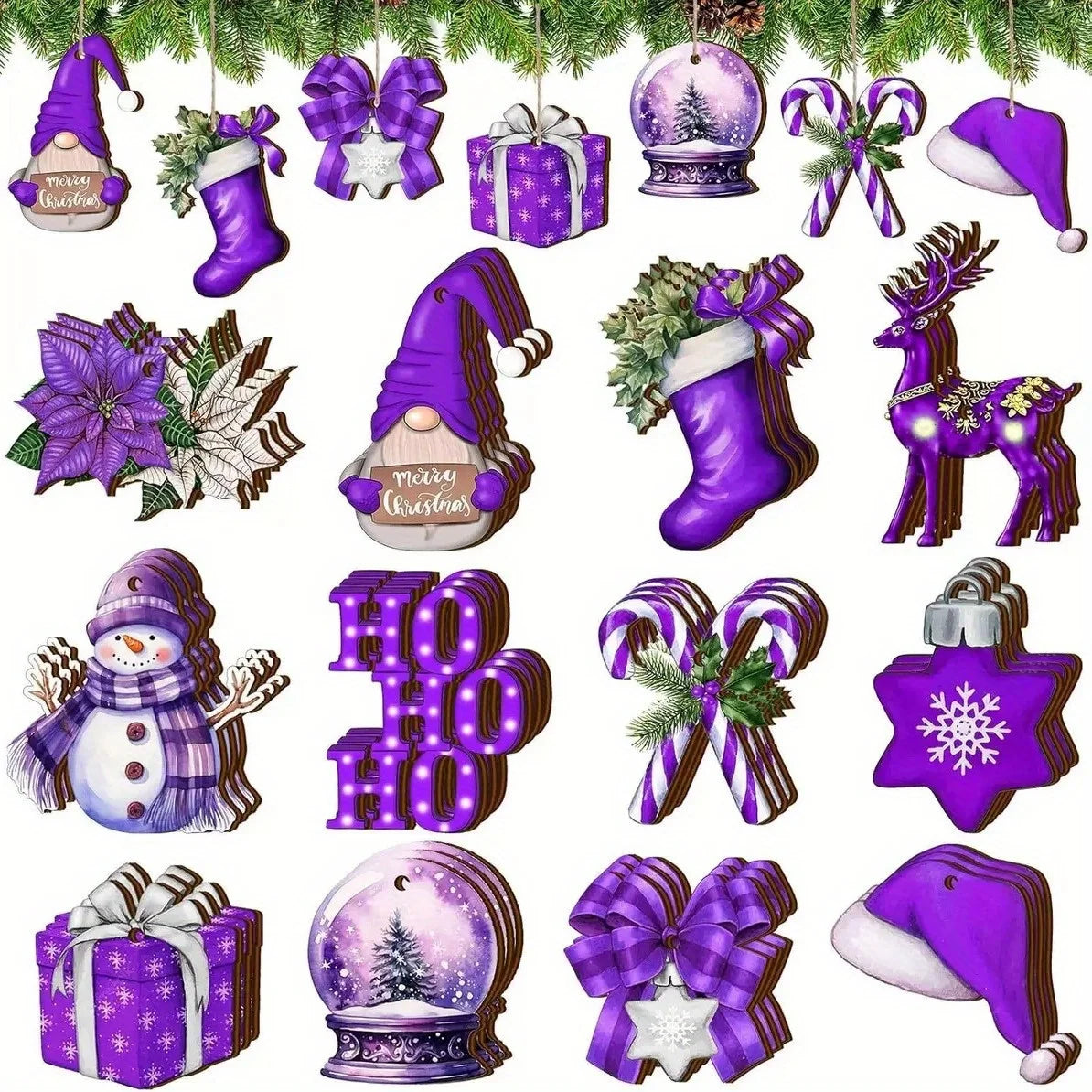 12-Piece Wooden Christmas Ornament Set - Glossy Deep Purple and Light Purple Hanging Decorations