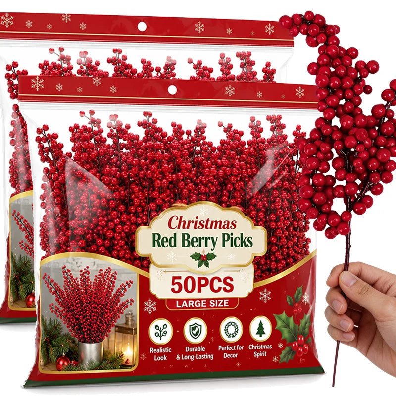 Christmas Artificial Berries Stem Frosted Red Holly Berry Picks Xmas Tree Garland Wreath Floral Arrangement Winter Holiday Decor