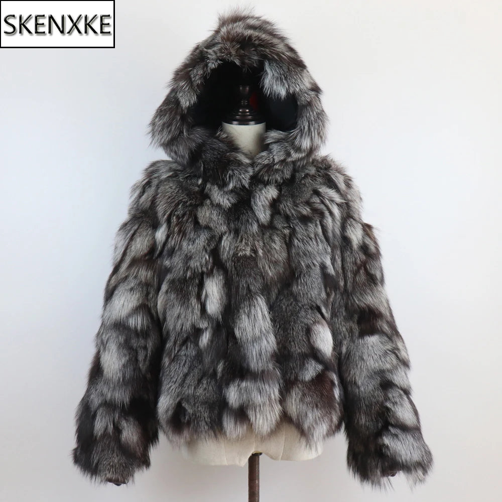 New Winter Women Real Fox Fur Hooded Coat Thick Keep Warm 100% Natural Real Fox Fur Jacket Lady Fashion Geunine Fox Fur Overcoat