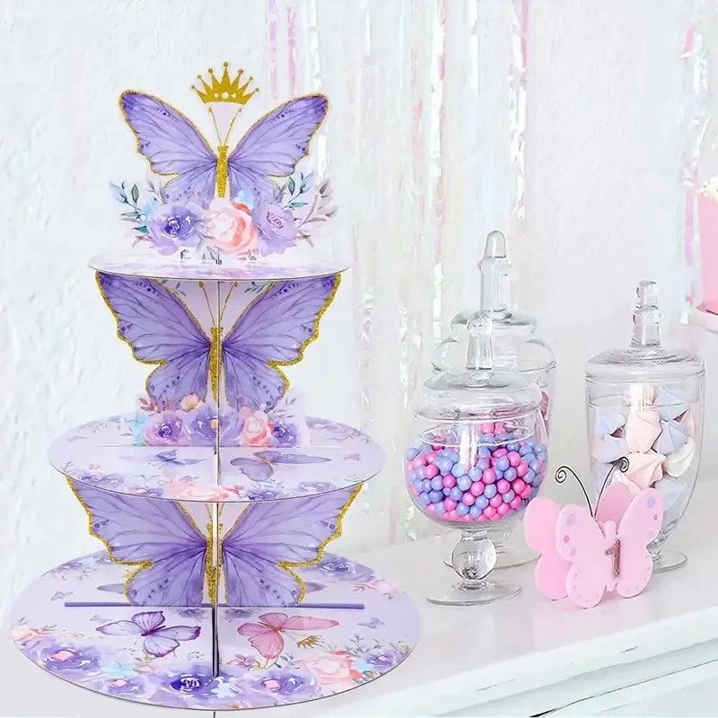 Buttleply 3 Tier Cupcake Stand Purple Butterfly Cupcake Stand Decoration - 3-Tier Butterfly Floral Crown Cupcake Tower Cardboard