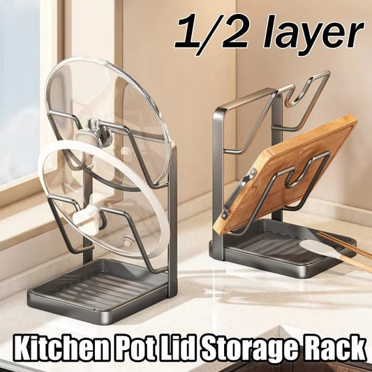 Kitchen Pot Lid Storage Rack Pots Lids Organizer Rack with Drip Tray Multifunctional Utensils Pan Pots Cover Lids Organizer Rack