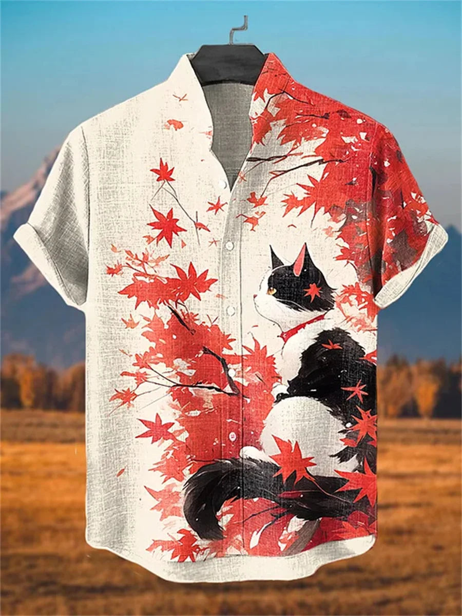 Men's short-sleeved shirt with a fun cat print, stand-up collar, single-breasted casual style. Hawaiian shirt, men's unique top.