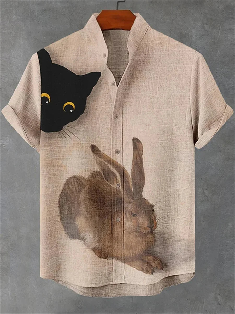 Men's short-sleeved shirt with a fun cat print, stand-up collar, single-breasted casual style. Hawaiian shirt, men's unique top.