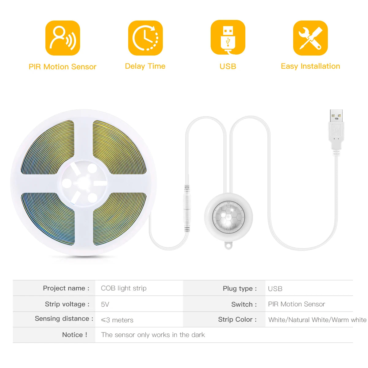 Super Bright COB LED Strip light Smart PIR Motion Sensor 220V 110V to DC 5V Flexible Lamp Tape For Kitchen Wardrobe Room Decor