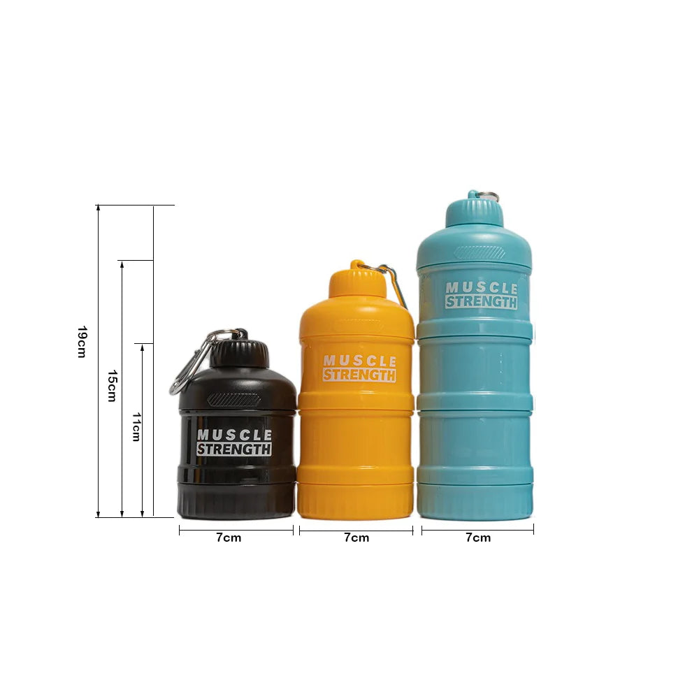 High Quality Plastic Protein Powder Box with Mountaineering Buckle Funnel Fitness Supplement Bottle Portable Medicine Box