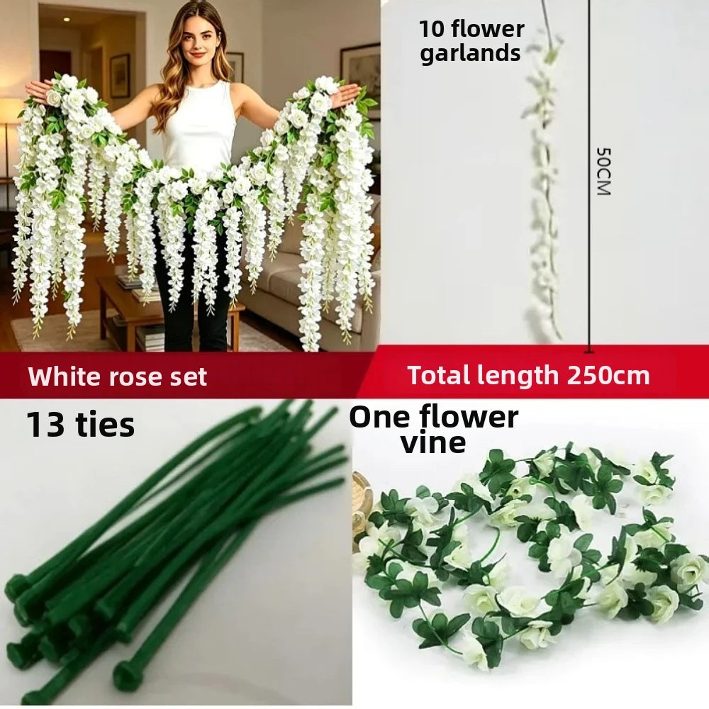 Greenery 250cm Artificial White Rose Vine 3D Bushy Hanging Rattan Flower Easy-to-hang Fake Plant Garden