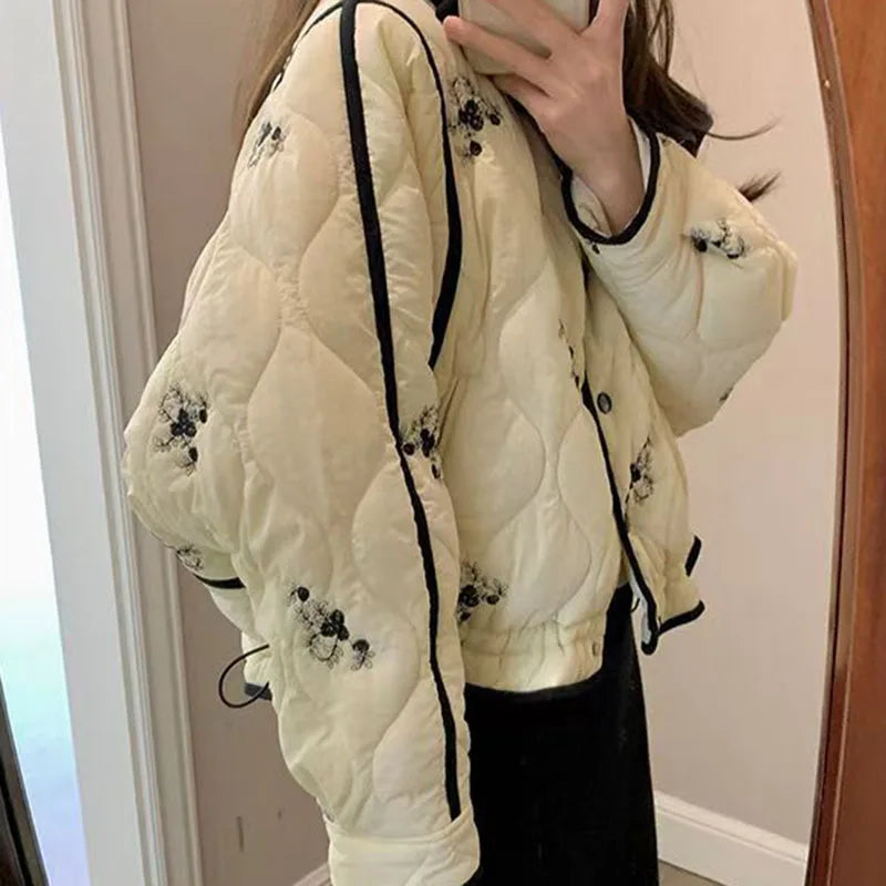 French Floral Printed Thick Short Padded Coat for Women Loose Fit All Match Winter Jackets Ladies Elegant Beige Warm Outerwear