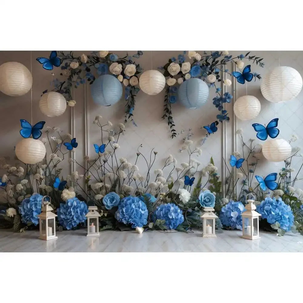 Blue gradual change butterfly wedding photography background custom dream flower portrait photo decoration banner studio supplie