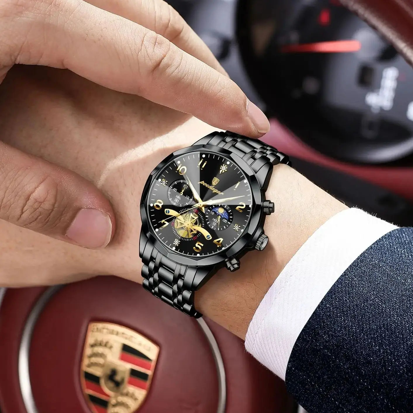 POEDAGAR Luxury High Quality Man Wristwatch Chronograph Stainless Steel Quartz Men's Watches Waterproof Luminous Men Clock Reloj