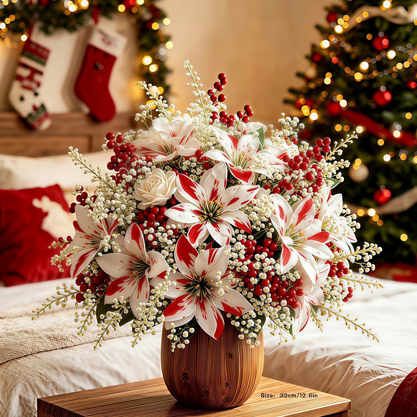 7-Piece Christmas Red and White Poinsettia Artificial Flower Bouquet, with Baby's Breath, Holiday Floral Set! Suitable for Fireplaces, Stair Railings, Dining Tables, Bedroom Vases, Balcony Flower Pots, and Stage Backdrops, Ha