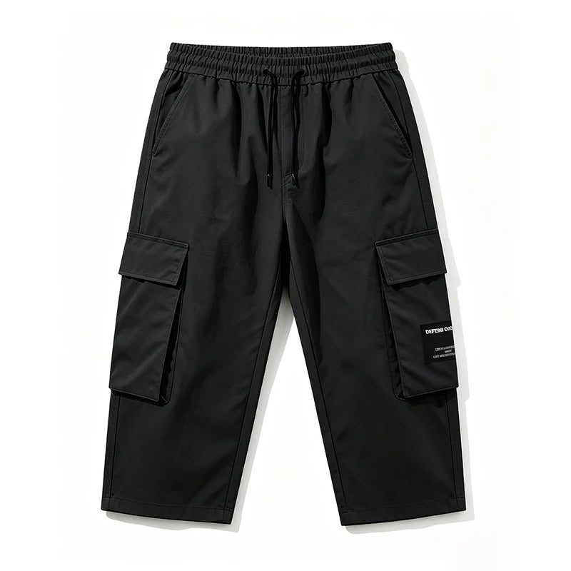 Men 7/8 Length Cargo Capri Pants Drawstring Elastic Waist Large Capacity Flap Side Cargo Pockets Daily Outdoor Casual Trousers