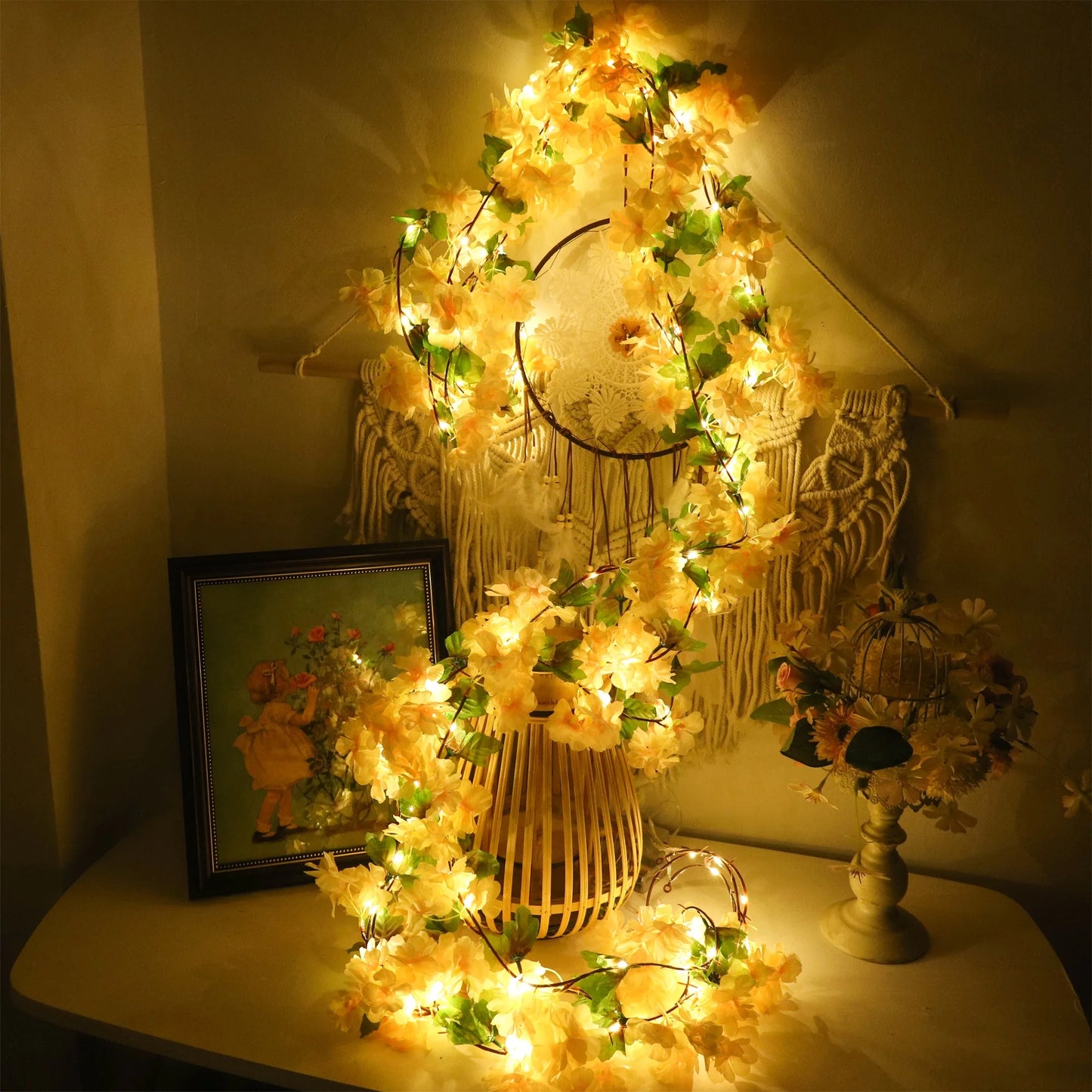 Artificial Sakura Flowers Vine LED String Lights Wedding Decoration Garden Arch Hanging Home Room Decor Christmas Party Ornament