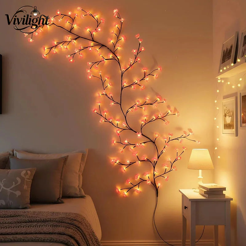 USB 5V 8 Modes Cherry Blossom String Light Artificial Flower Vines Fairy Lights for Bedroom Wedding Party Holiday Decoration