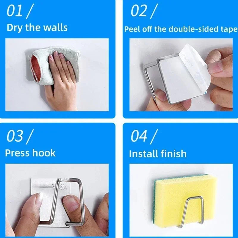 Multifunctional Kitchen Stainless Steel Sink Sponges Holder Self Adhesive Drain Drying Rack Kitchen Wall Hooks Accessories