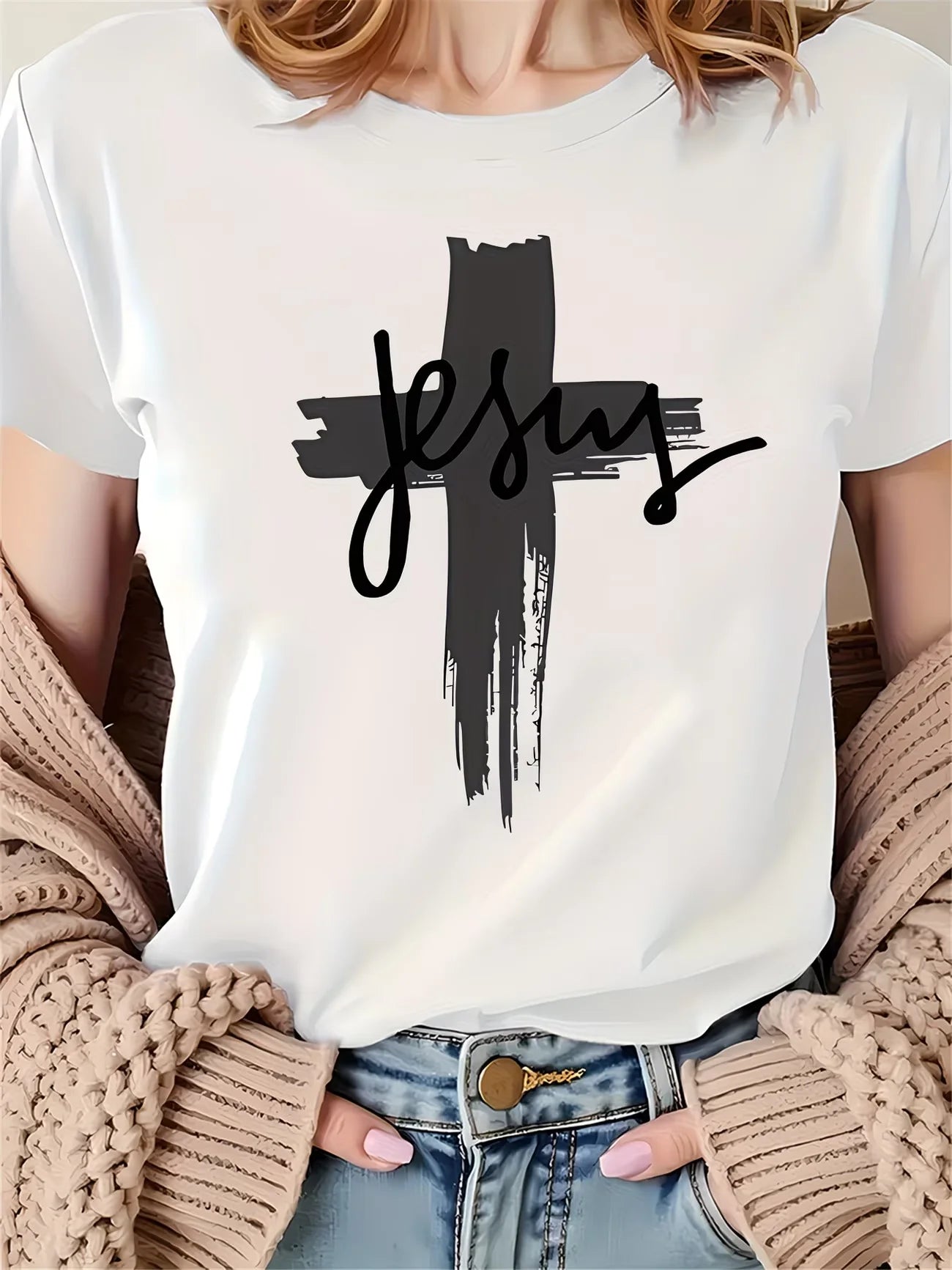 Crew Neck Short Sleeve Jesus Cross Print T Shirt Women's Outfits Casual Streetwear Retro T shirts For Lady