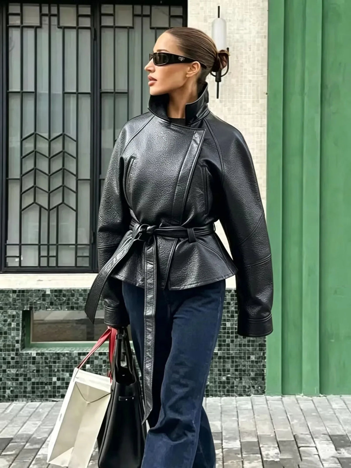 Casual Dark Red  Zipper Leather Short Jackets Women Long Sleeve Lace Up Lapel Loose Button Coat Lady Daily High Street Wear 2026