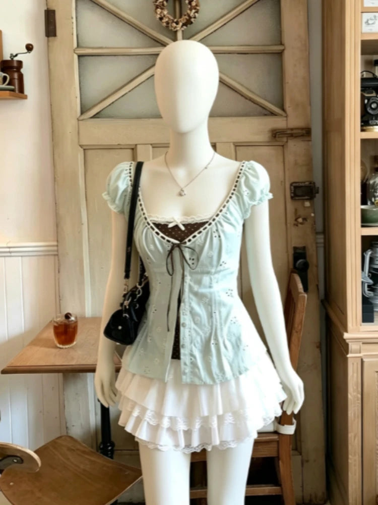 Kawaii Lolita Fake Two Piece Shirts Women Slim Elegant Lace Bow Tees Japanese Harajuku Y2K Sweet Cute Blouse Street Daily Outfit