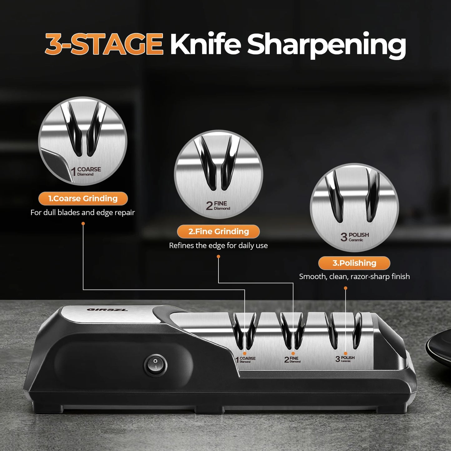 One Touch Electric Knife Sharpener, Safe Family Use Knife Sharpener with Fixed 15° Angle Protects Chef Knives, Diamond Wheel & Quiet Pure Copper Motor, Sharpen Kitchen Steak Paring Straight Ceramic Knives