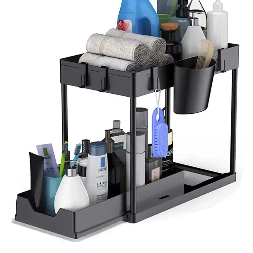 2-Tier Sliding Storage Basket Kitchen Bathroom under Sink Organizer with Multipurpose Shelf Hanging Cup & Hook Accessories