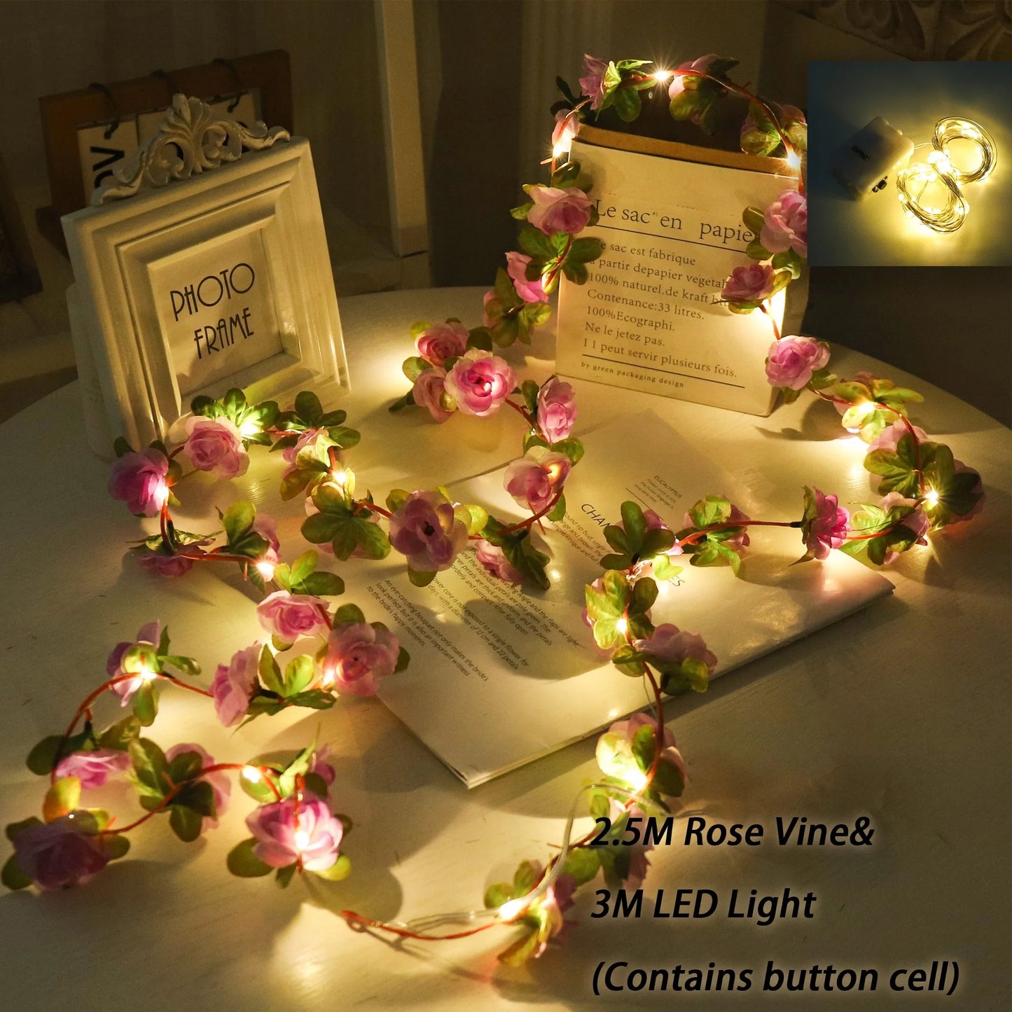 Rose LED Lights String Artificial Flowers Ivy Leaves Wedding Garland Home Room Decoration Arch Hanging Wall Garden Party Decor