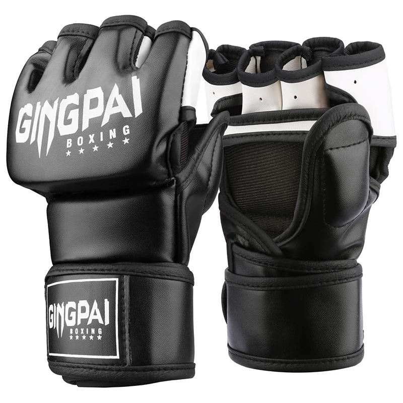 GINGPAI Half Finger Boxing Gloves PU Leather MMA Fighting Kick Boxing Gloves Karate Muay Thai Training Workout Gloves Men