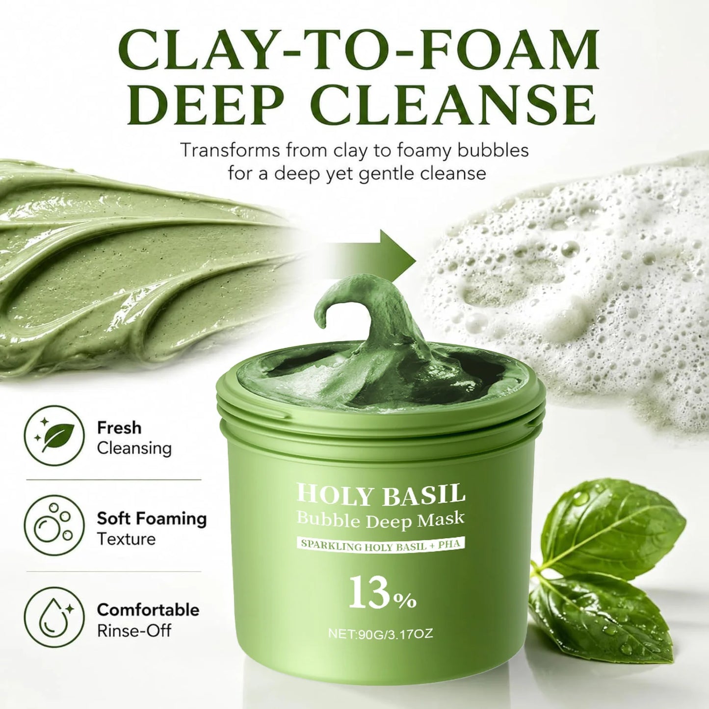 Holy Basil Bubble Deep Mask Clay-to-Foam Face Mask with PHA & Holy Basil Extract Gentle Cleansing & Hydrating Facial Mask 90g
