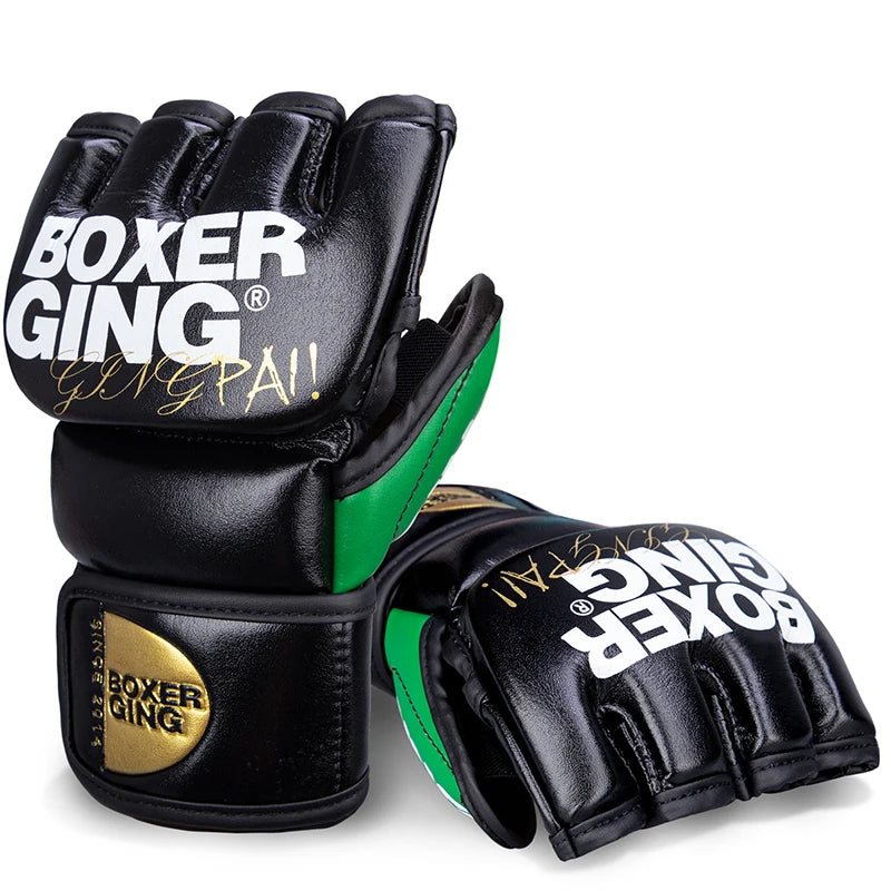 GINGPAI Half Finger Boxing Gloves PU Leather MMA Fighting Kick Boxing Gloves Karate Muay Thai Training Workout Gloves Men