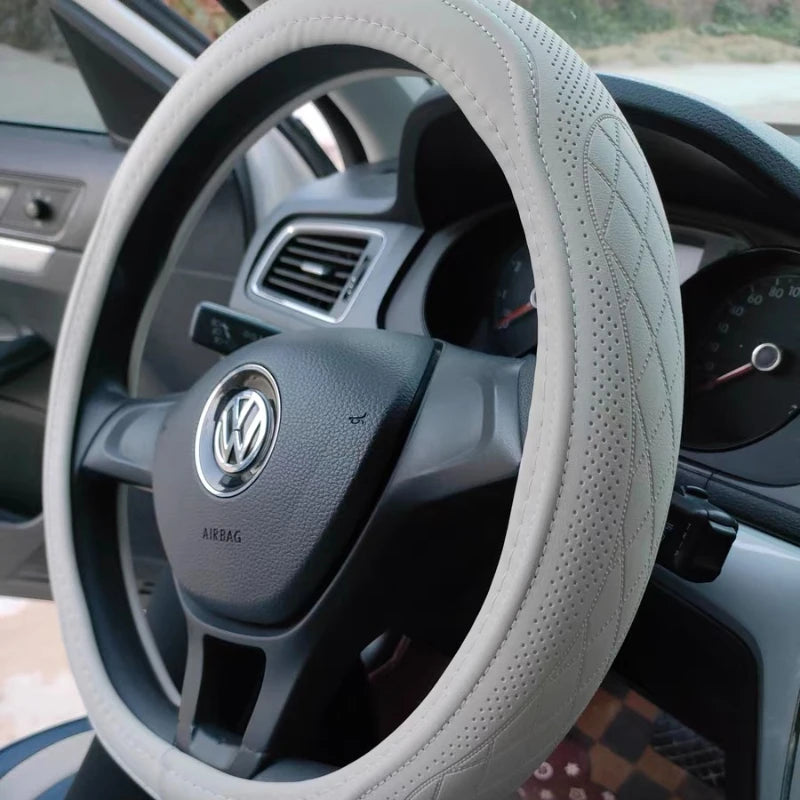 Napa Leather Perforated Patchwork Car Steering Wheel Cover, Non-slip, Breathable, Universal 15 Inch (Approx. 38cm)