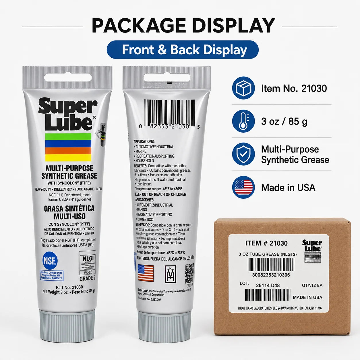 Super Lube 21030 Multi-Purpose Synthetic Grease 3oz 85g NLGI 2 Food Grade PTFE Lubricant for Bearing O-Ring