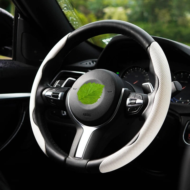 Universal D-shaped Round Car Steering Wheel Cover Ventilation Hole Leather Absorb Sweat Anti-slip Decoration Accessories 15inch