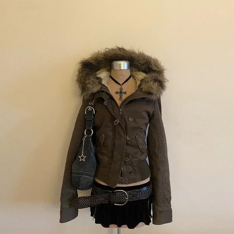 Autumn And Winter New Fashion Casual Fur Collar Jacket Female Y2K High Street Popular Padded Velvet Cotton-padded Jacket Coat