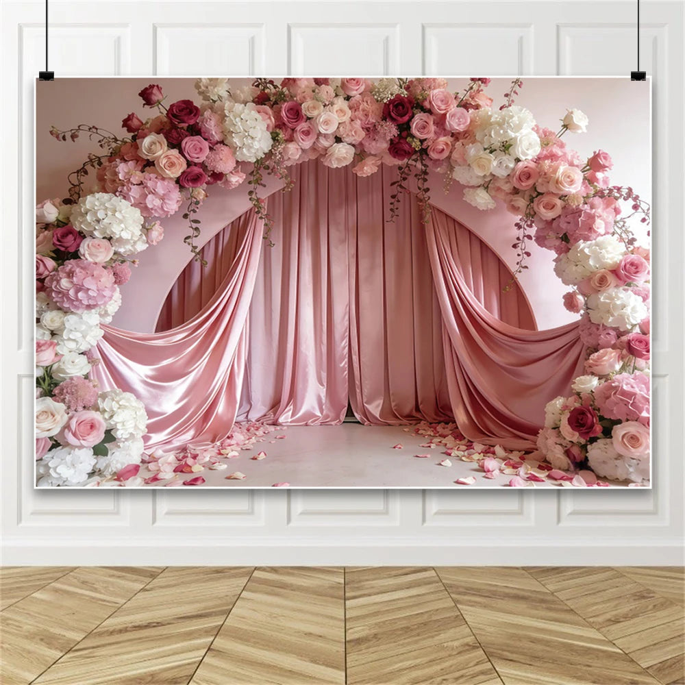 Pink Floral Wedding Backdrop Rose Arch Satin Drapery Photography Background for Bridal Shower Ceremony Photo Booth Decor