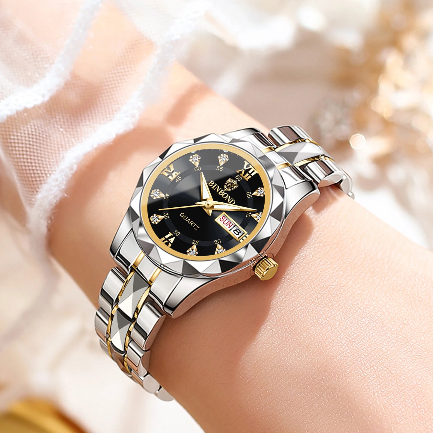 BINBOND Ladies Reloj Sturdy Quartz Watches For Women Luxury Luminous Waterproof Accurate Auto Date Week Display Women's Watch