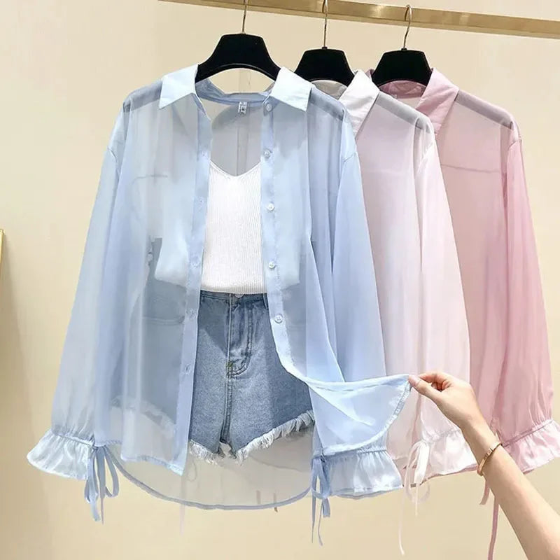 Smvp Chiffon Blouses for Women Summer Thin Loose Button-Up Sunscreen Shirt Woman Korean Fashion Bow Lace-up Long Sleeve Shirts